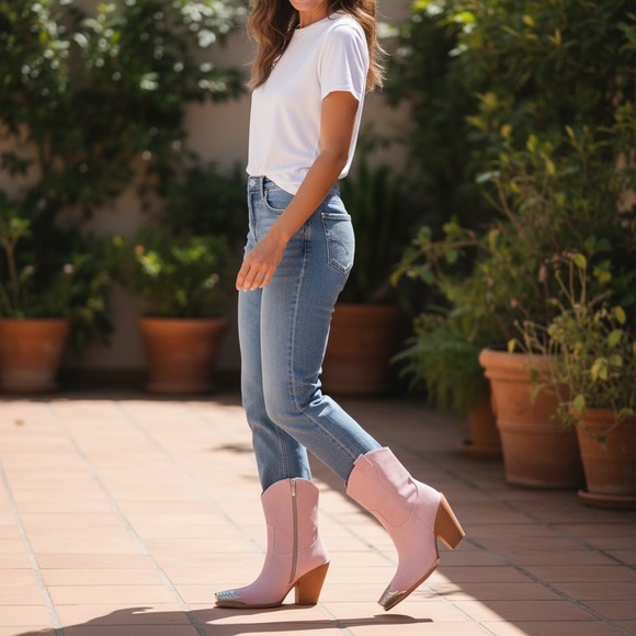Hoan Tiai Lilac Engraved Metal Toe Cowboy Ankle Boots Block Heel Size 7 New - Picture 10 of 12